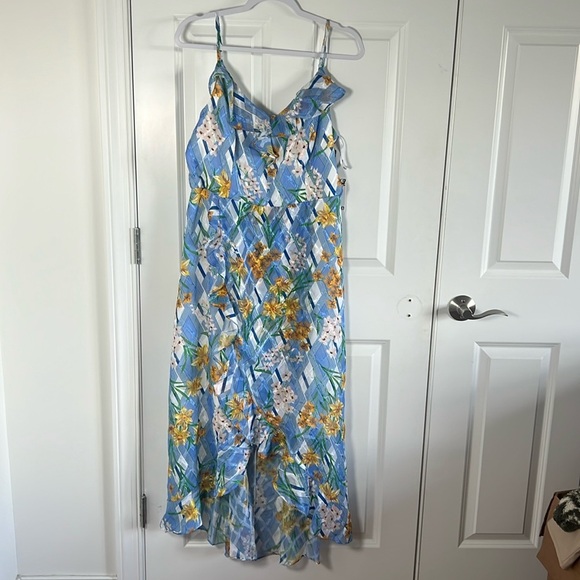NWT KENSIE Womens Blue Ruffled Printed Spaghetti Strap V Neck Tea-Length 14 - Picture 2 of 10
